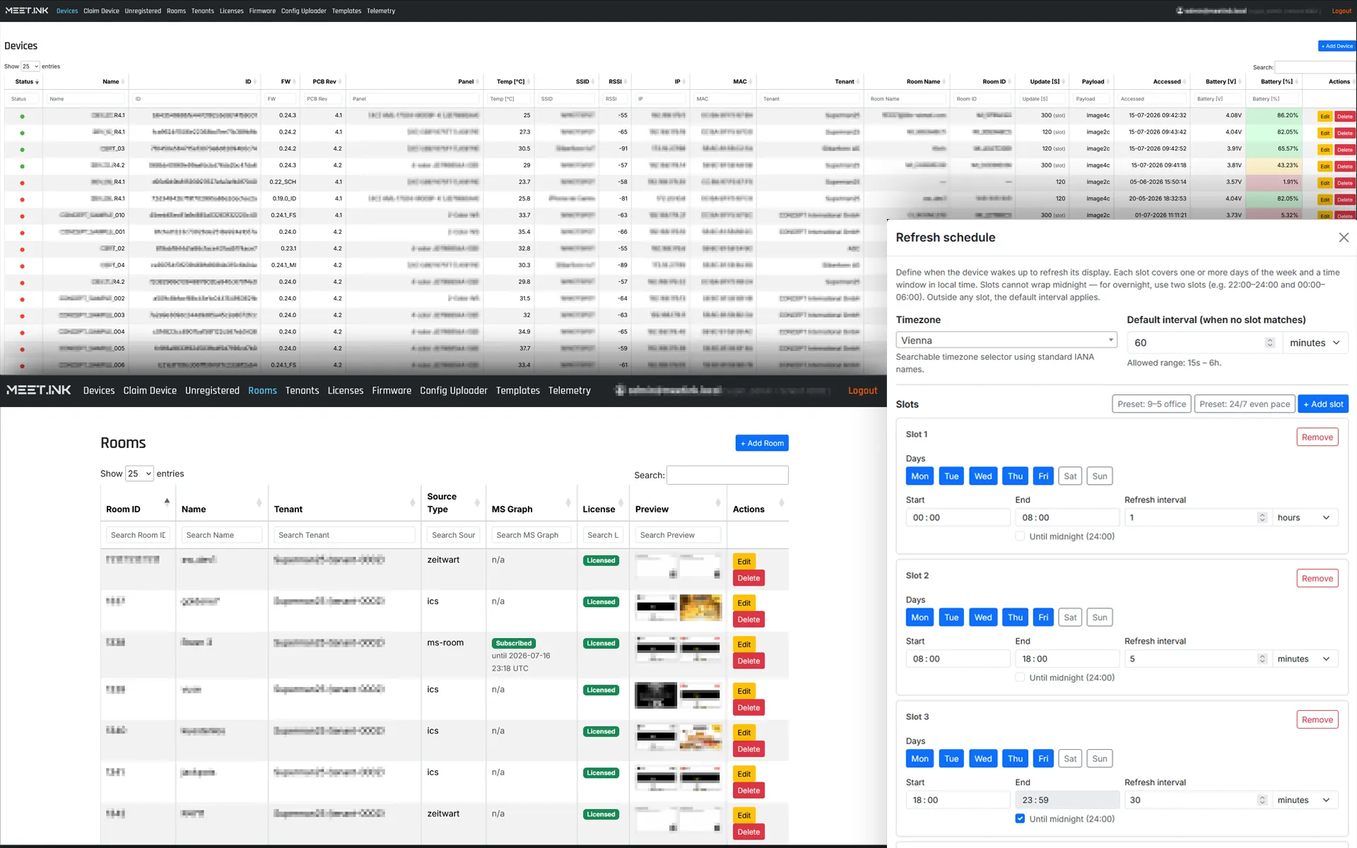 Every device in your tenant: battery state, connection health, and last-seen. Rooms with datasources and wake-scheduling.